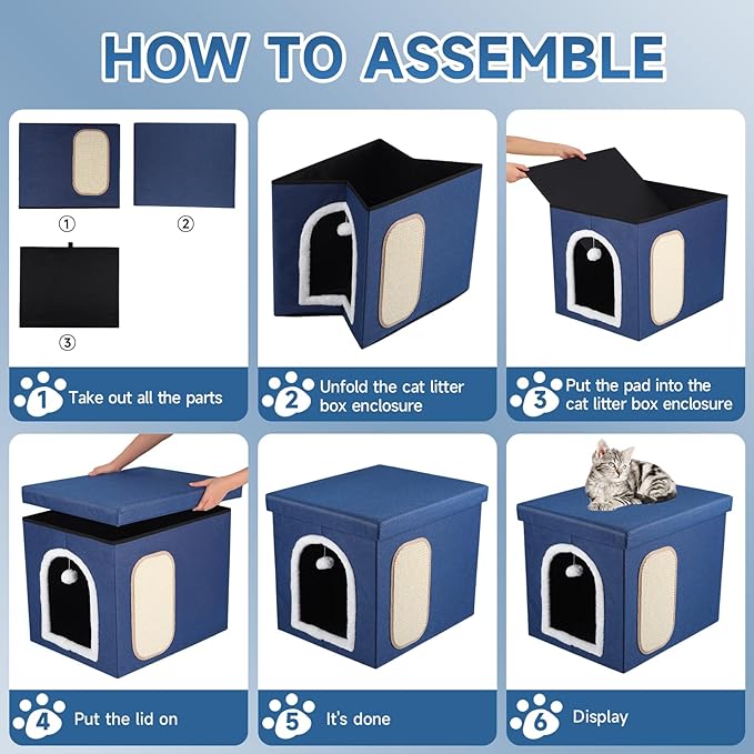 Cat Litter Box Enclosure, Foldable Hidden Litter Box with Mesh Storage Bag, Litter Box Furniture Hidden with Waterproof Inside, Easy Clean, Odor Control, Easy Assembly, 21.6”L x 17.7”D x 17.7”H, Blue