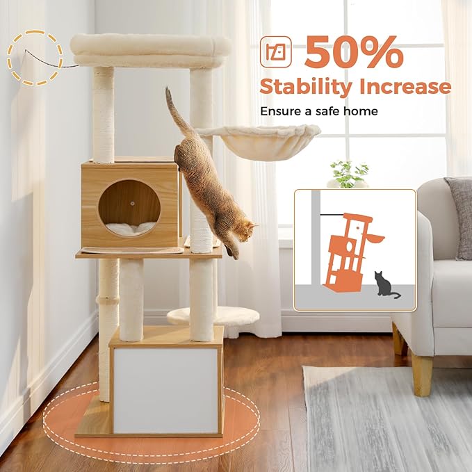 Modern Cat Tree for Indoor Cats Large Adult, 51 Inches Wood Cat Tower with Cozy Condos, Fully Sisal-Wrapped Scratching Posts, Top Perch and Soft Hammock, Kitten Play House, Beige