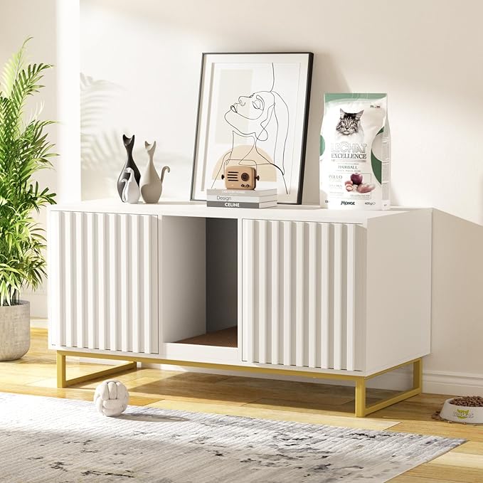 Double Litter Box Enclosure,Modern Cat Litter Box Enclosure for 2 Cats, Hidden Litter Box with Cat Scratch Pad, Cat Washroom Cat House End Table, Entryway Bench for Livingroom (White)