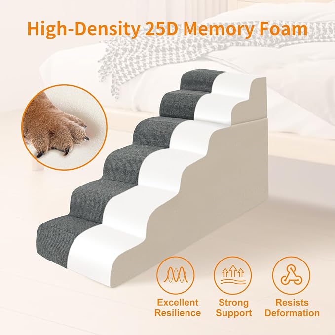 6-Steps Dog Stairs for High Bed and Couch, Wider Pet Stairs for Small Old Large Dogs Cats,30°Steady Non-Slip Dog Steps, Washable Dog Ramp with Removable Cover, PE Boards