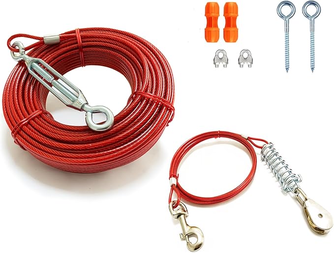 Heavy Duty Aerial Dog Tie Out Trolley System for Small to Large - Dog Run Cable 100ft /75ft Zipline with 10ft Runner Cable Great for Yard Camping Outdoor (Red, 75 ft for one up to 200 lbs)