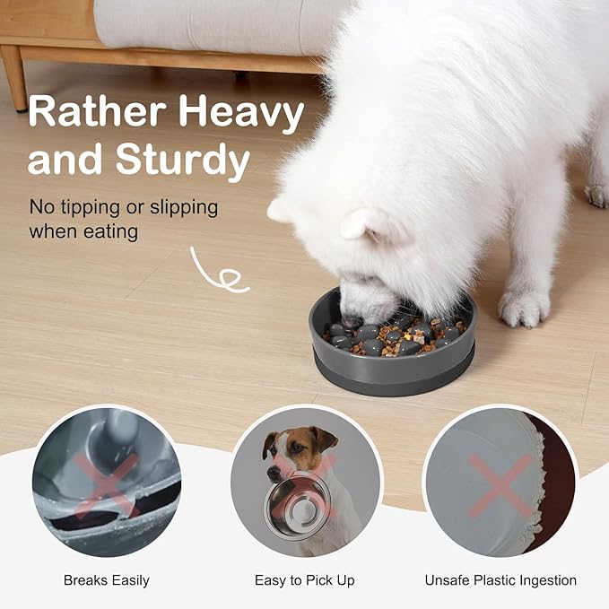 Sted Ceramic Slow Feeder Dog Bowl for Medium Large Breed, Puzzle Dog Food Bowl with Silicone Base, Maze Grey