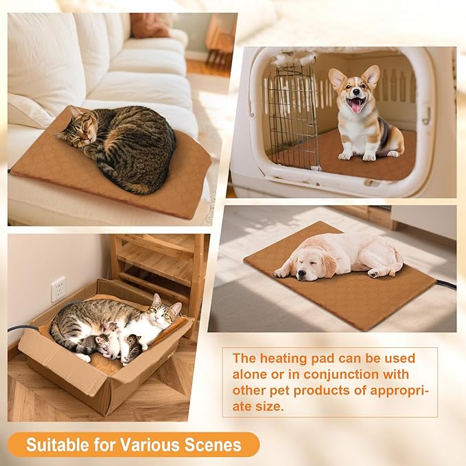 Cat Heating Pad, 6 Adjustable Temperature & 5 Timer Options, 15.7'' x 27.5'' Pet Heating Pad for Cats Dogs, Waterproof Indoor Outdoor Electric Heated Cat Bed Dog Mat with Chew-Resistant Cord (Brown)