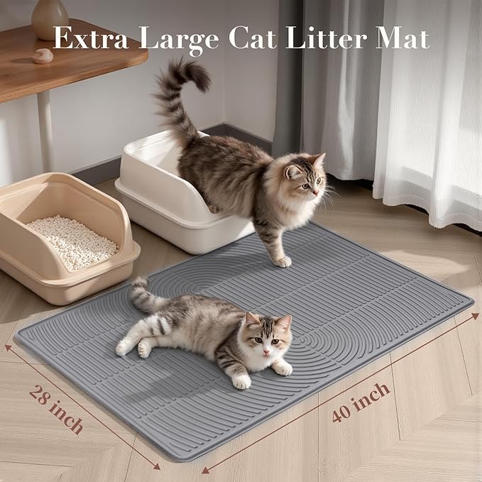Mora Pets Cat Litter Mat, Extra Large 40" X 28" Silicone Litter Box Mats, Waterproof, Non-Slip, Scatter Control, Easy to Clean, Soft on Kitty Paws, XL, Grey