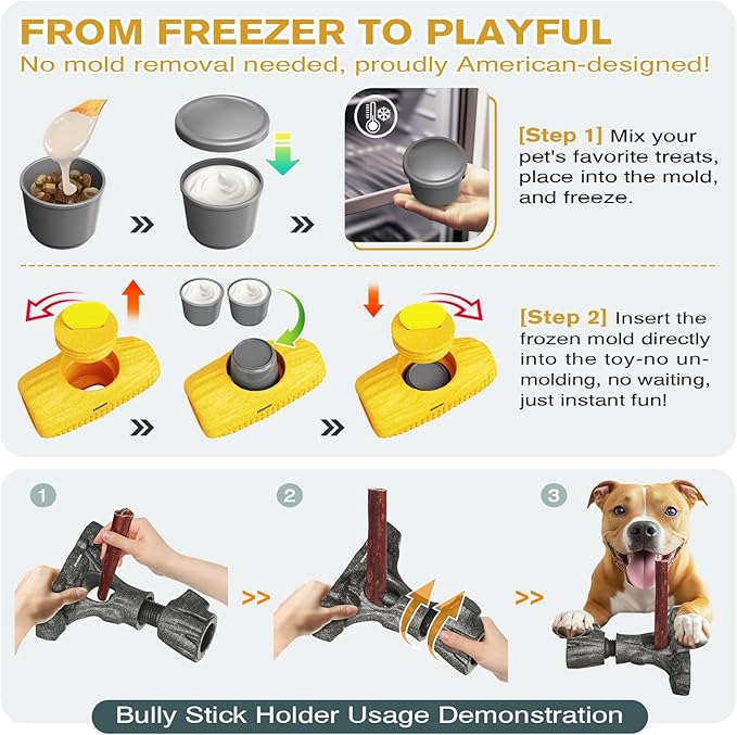 Ansoniser 2-in-1 Durable Dog Toy Bundle，Bully Stick Holder & Frozen Treat Slow Feeder for Aggressive Chewers, Food-Safe Interactive Toys to Relieve Boredom, Best Gift for Small to Large Dogs