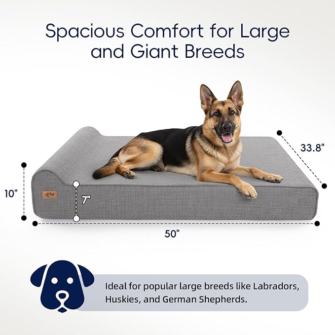 Sytopia 7" Thick Orthopedic Dog Beds for Extra Large Dogs (50" x 34" x 10"), Chew Proof Fabric Cover, 35D Memory Foam Dog Beds with Durable Waterproof Liner & Removable Washable Cover, Grey