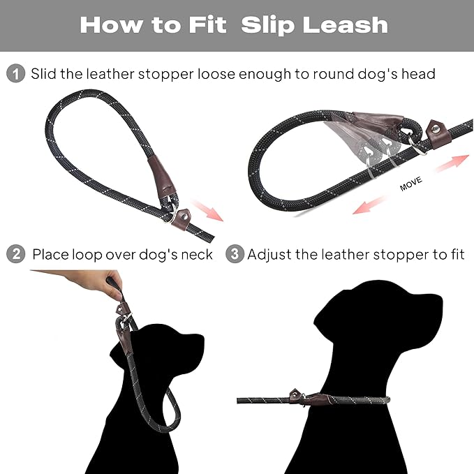 TwoEar Slip Leads for Dogs, 1/2" x 6FT Slip Leash for Large Dogs with Highly Reflective Threads, Comfortable Strong Rope Slip Leads, No Pull Pet Training Leash, Black