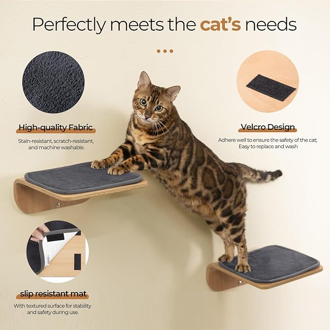Cat Wall Shelves for Cat Wall Steps, Perch, Ladder, Wooden Floating Modern Mounted Space Saving Furniture with Scratching Cushion Removal Cover for Climbing, Jumping and Sleeping(Steps & Space Bed)