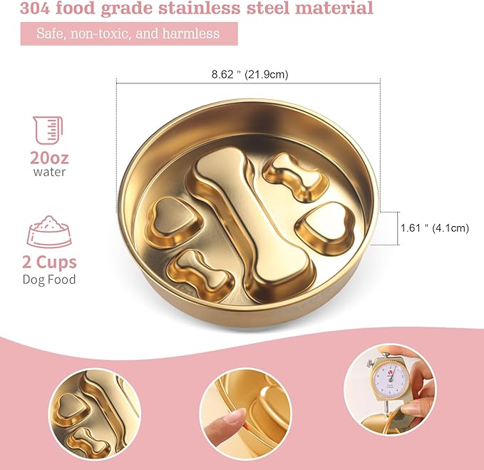 Golden Stainless Steel Slow Feeder Dog Bowls – Non-Slip Metal Dog Bowl for Large & Medium Breeds, Puppy Puzzle Feeder – 2 Cup Capacity for Small to Big Pets – Durable Slow Feed Dog & Cat Food Dish