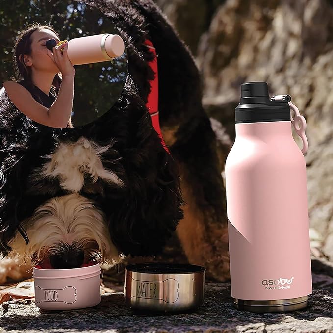 Asobu Dog Barky Bottle – Insulated Stainless Steel Water Bottle with 2 Removable Dog Bowls for Food, Treats & Water – Pet-Friendly Travel Bottle for Hiking, Road Trips & Outdoor Adventures
