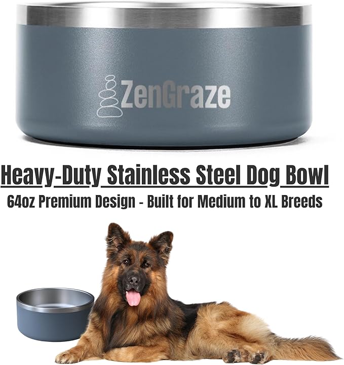 Slow Feeder Dog Bowl with Premium Lick Mat Lid | Heavy Duty Stainless Steel Dog Bowls | Silicone Slow Feeder Insert | Non-Slip & Durable | 64 oz | Medium to XL Dogs (Steel Gray)