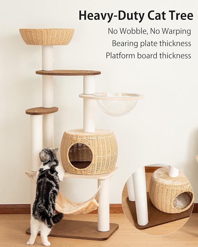 Modern Cat Tree for Large Cat, 56.7-Inch Tall Cat Tower with Scratching Post for Indoor Cats, Multi-Level Cat Condo with Hand-Woven Cat Bed and Hammock Acrylic Bowl (Particleboard 56.7in)