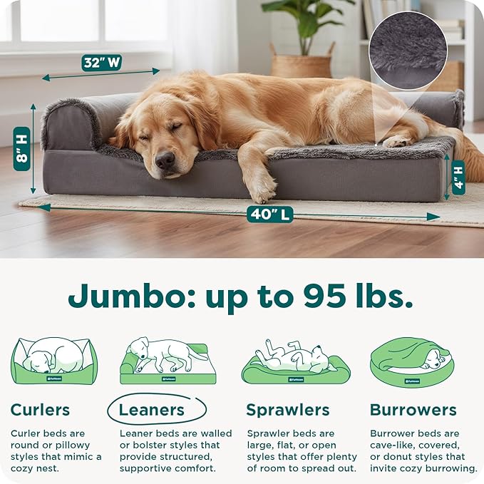FurHaven Orthopedic Dog Bed for X-Large Dogs, L-Shaped Chaise Mattress with Egg Crate Orthopedic Memory Foam for Joint Support, Removable Washable Cover, Jumbo/XL, Plush & Velvet, Platinum Gray