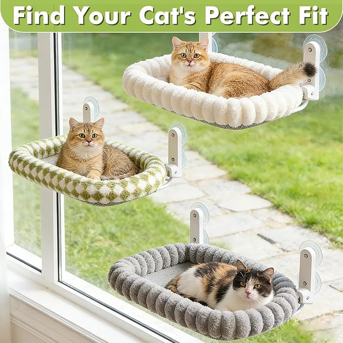Cat Window Perch with Bolster, Cordless Foldable Cat Window Hammock with Strong Suction Cups & Metal Frame, Machine Washable Pet Bed for Indoor Cats (White, Medium)