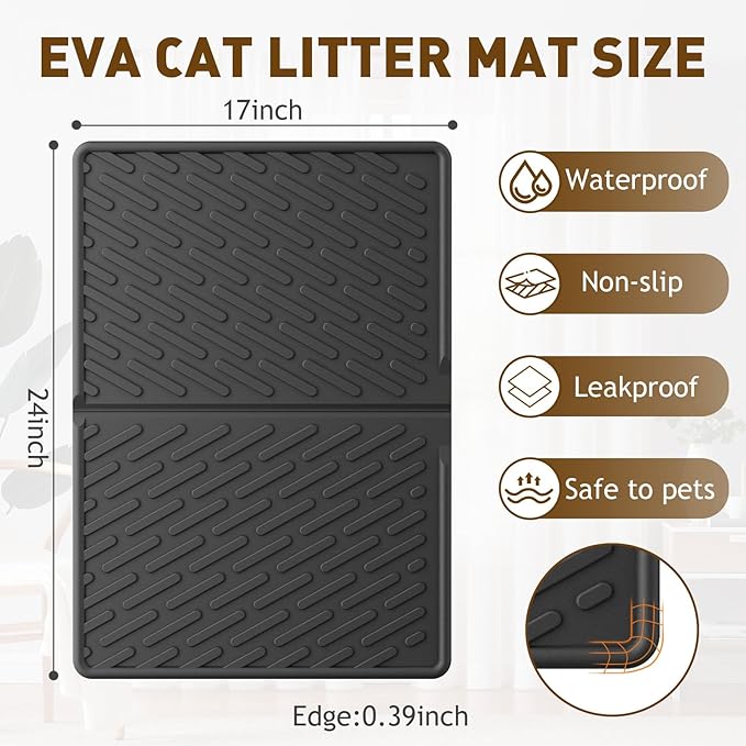 Cat Litter Mat with Grooves & Raised Edge, Urineproof/Waterproof, Foldable, Litter Scattering Control, Easy to Clean & Recycle (24 * 17in-Black-1 Pack)