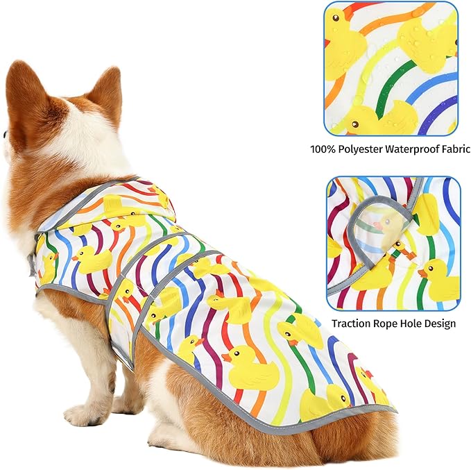 Dog Raincoat for Large Dogs, Waterproof Rain Jacket Coat with Hood and Leash Hole, Polyester, Rainbow Ducks