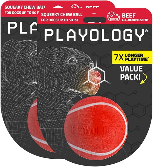 Playology Dog Toys | Squeaky Chew Ball - Bouncy Durable Floating Fetch Ball for Dogs, Value 2-Pack | Medium Beef Scented Toy - Easy to Clean and Made from Non Toxic Materials