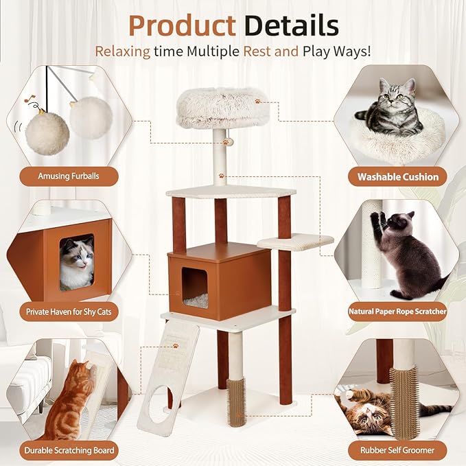 63 Inch Modern Cat Tree for Large Cats - Multi-Level Activity Center with Sisal Scratching Posts, Plush Perch, Enclosed Condo & Hanging Toy, Sturdy Wood Design for Indoor Use