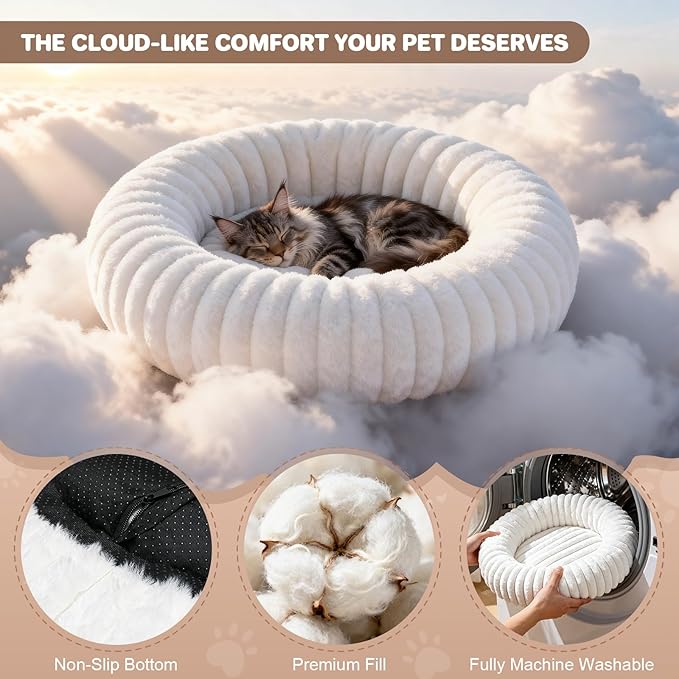 Self Warming Cat Bed, Donut Pet Bed for Indoor Cats and Small Dogs, Self-Heating Dog Bed with Non-Slip Bottom, Winter Comfort Dog Beds for Puppies, Washable & Portable Egg Tart Shape (S)