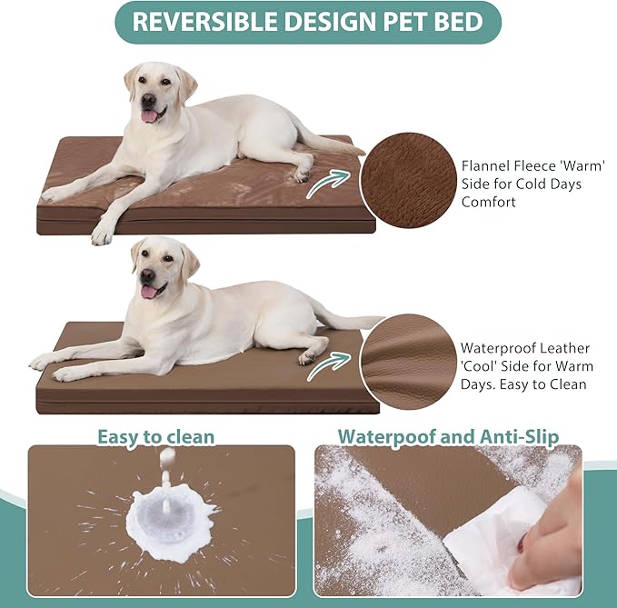 Waterproof XXL Dog Beds Large Sized Dog, Orthopedic Washable Crate Pad 48 inch, Jumbo XXLarge Foam Pet Bed with Removable Cover Reversible, Anti-Slip Kennel Pad, 47"x29", Brown