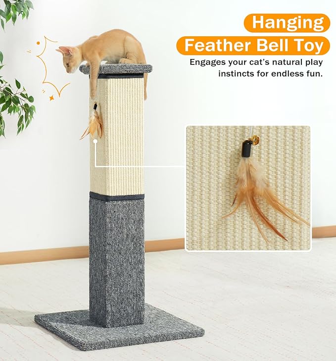 Made4Pets Cat Scratching Post, 32 Inch Natural Sisal & Carpet Covered Cat Scratcher with Kitten Toy, Dual-Material Tall Scratching Post for Indoor Cats Adults and Kittens, Beige