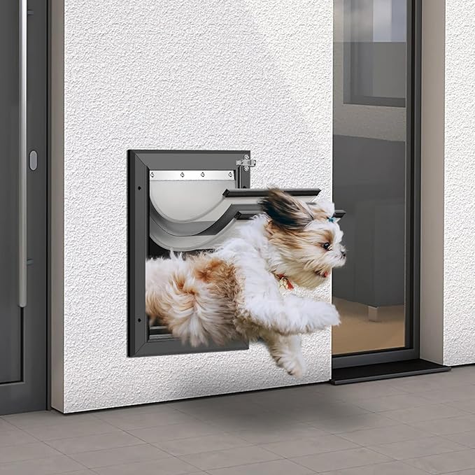 [Petoasis] 3-Flaps Heavy-Duty Dog Door for Wall, Rust Proof Aluminum Alloy Frame, Extreme Weather Dog Door Can Block Wind, Snow, and Rainwater Intrusion(Black, XLarge for Wall)