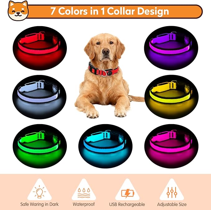 LED Dog Collar, Light Up Dog Collar USB Rechargeable, Nylon Adjustable Comfortable Soft Bright RGB 7 Colors Changeing Safety Light Glowing Collar for Medium and Large Dogs(Large,Red)