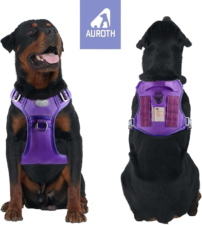AUROTH Tactical Dog Harness for Large Dogs - Purple, No Pull, Adjustable, Reflective, Molle System for Gear Carrying