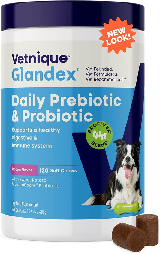Vetnique Glandex Daily Probiotics for Dogs with Prebiotics to Support Gut Health with Fiber and Digestive Enzymes, Probiotic Chews or Powders (120ct Chews, Bacon Chews)