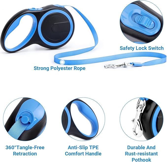 Segarty Dog Leash Retractable, 16ft Heavy Duty Walking Dog Leash for Medium Small Dogs up to 44lb, Anti-Slip Handle 360°Tangle-Free Nylon Tape, One-Handed One Button Lock and Release (Blue)