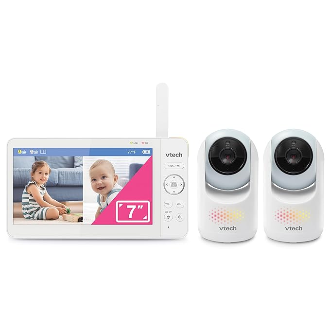 VTech 2-Cameras Video Baby Monitor with 7" Color LCD Screen, Rechargeable Battery, Video and Audio Streaming, Pan-Tilt-Zoom, Touch Multi-Color Night Light, Two-Way Talk: Advanced Max Twin (Blue)