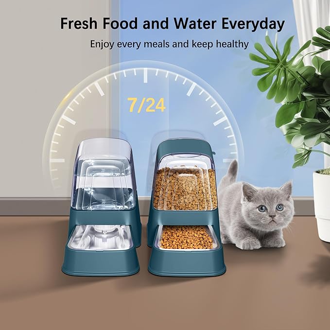Automatic Dog and Cat Food Feeder and Water Dispenser Set with Stainless Steel Bowls,Gravity Pet Food and Water Feeders,100% BPA-Free,Large Capacity for Cats Dogs Pets