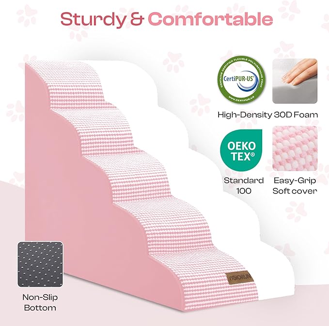 Curved Dog Stairs for High Bed Up to 26", 5-Step Dog Ramp for Small Dogs with Washable Cover, Non-Slip Steps for Cats to Get on Couch and Sofa, Durable Foam Ladder for Medium Breeds, White Pink