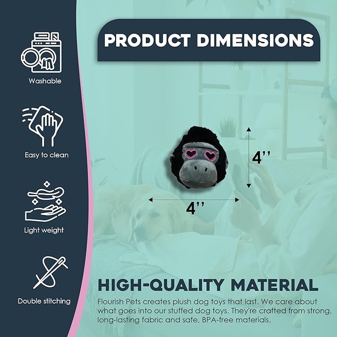 Flourish Pets 2 in 1 Multi-Layer Chew Toy for Active Dogs | Non-Toxic BPA Free Double Stitched Soft Fabric Exterior Dog Toys | Long-Lasting Dog Plush Toys –Love Gorilla 3.5"