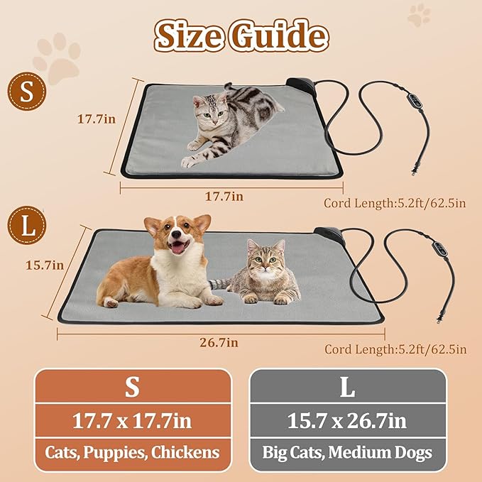 Cat/Dog Heating Pad, 3 Timer and 3 Level Temperature Smart Sensor Electric Pet Heating Pad with Chew Resistant Cord, Indoor Warm Heated Bed for Dogs Cats -17.7x17.7