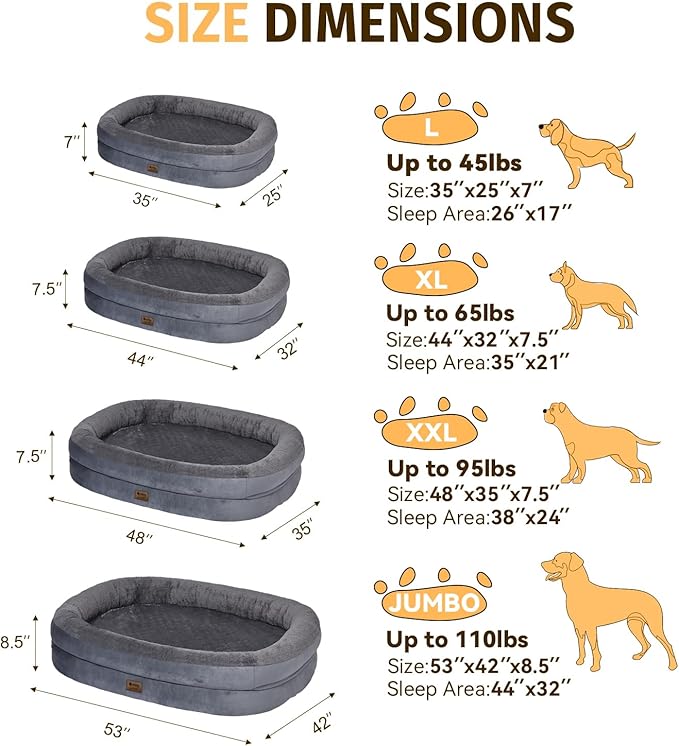 Orthopedic Washable Large Dog Bed: Cooling Dog Bed with Bolsters - Jumbo Bed Waterproof Removable Cover Non-Slip Pet Bed for Jumbo Large Sized - Dark Gray