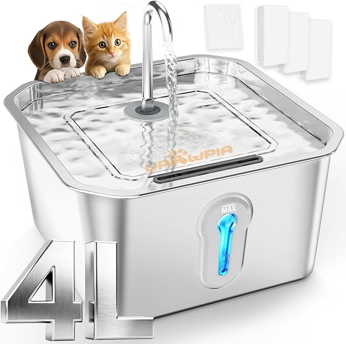 4L/135oz Large Cat Water Fountain Stainless Steel with 3 Filters Pet Water Fountain for Cats Quiet Indoor Pets Dog Small Animal Automatic Dog Water Dispenser for Drinking Watering Supplies