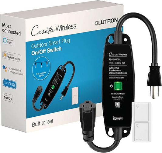 Lutron Caseta Weatherproof+ Outdoor Smart Plug and Pico Smart Remote | for Landscape and String Lighting | P-PKG1OUT-BL | Black