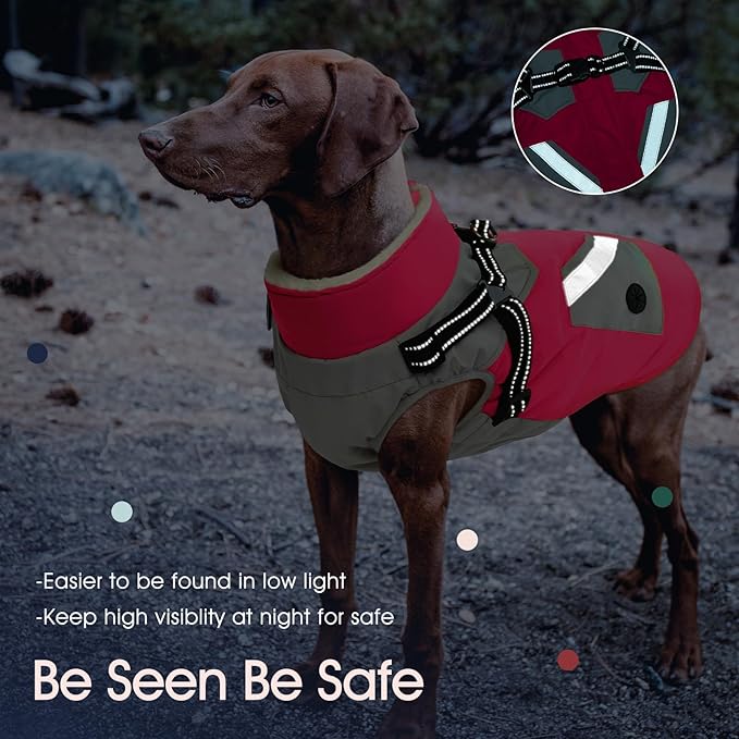 IECOii Dog Winter Coat Waterproof - Rosered, Medium - Dog Coat with Harness Built in for Medium Dogs,Thermal Warm Fleece Lined with Zip Up Cold Weather Jacket,Reflective Snowsuit for Outdoor Hiking