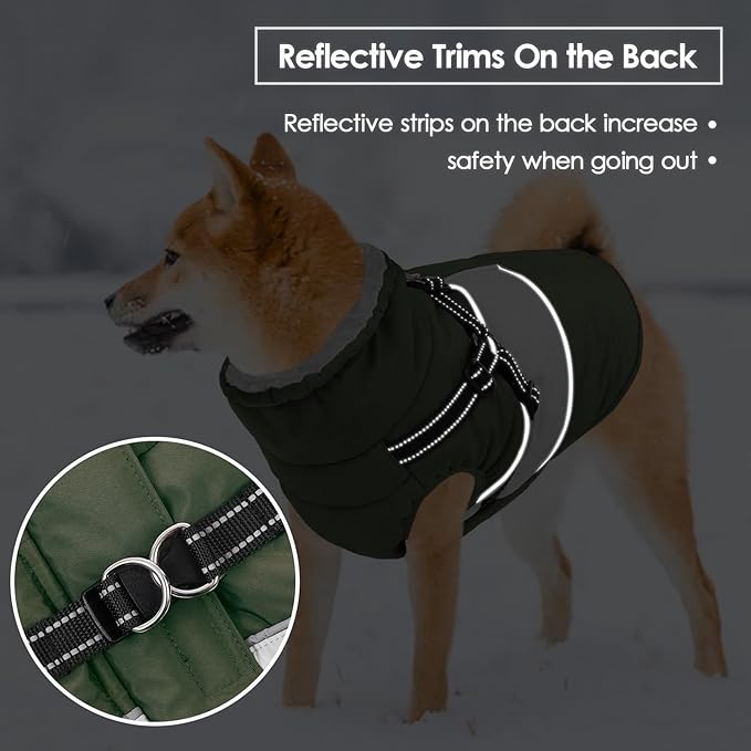 SUNFURA Dog Winter Coat, Waterproof Dog Coat Jacket with Harness for Medium Dogs Boys Girls, Reflective Fleece Lined Pet Snow Jacket Sweaters for Pug, Jack Russel, Boston Terrier, Army Green M