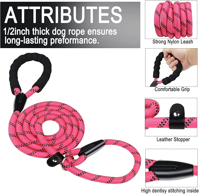 Durable Dog Leash, 6 FT Strong Training Dog Leash with Comfortable Padded Handle and Highly Reflective Threads for Small Medium and Large Dogs, (Pink)