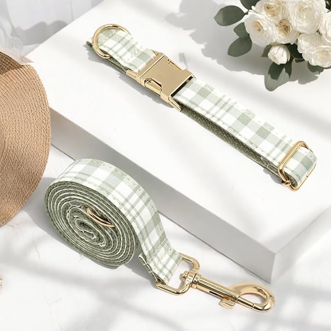 PETDURO Personalized Dog Collar Olive Green Plaid for Large Medium Dogs | Engraved Name and Phone Number on Gold Metal Buckle for Boys & Girls | Add Leash & Bow Tie via Customize Now