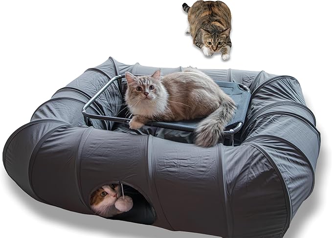 XxingSheep 2-Tier Cat Tunnel & Hammock Bed XXL, 4 Cave Shuttle with Elevated for Multiple Cats Toy Dark Grey