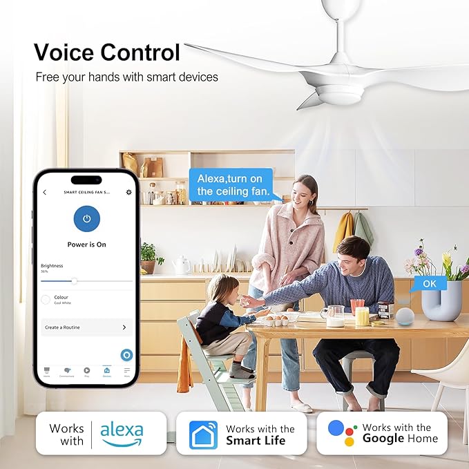 reiga 52 Inch Smart White Ceiling Fan with Light and Remote, ETL Listed Quiet DC Motor 3 Blade Indoor Outdoor Ceiling Fans for Bedroom Living Room Patios