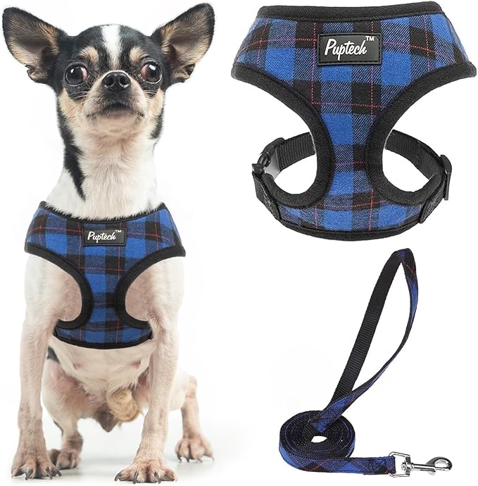 PUPTECK Soft Mesh Dog Harness and Leash Set Pet Puppy Cat Comfort Padded Vest No Pull Harnesses, Navy Blue, XS