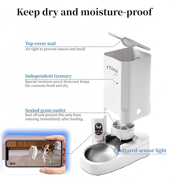 Automatic Cat Feeder with Camera, 1080P HD Video with Night Vision, Scheduled Automatic Pet Feeder, Separated Design Wide Grain Path with 2-Way Audio ＆ Feeding Call Function for Cat & Small Dog