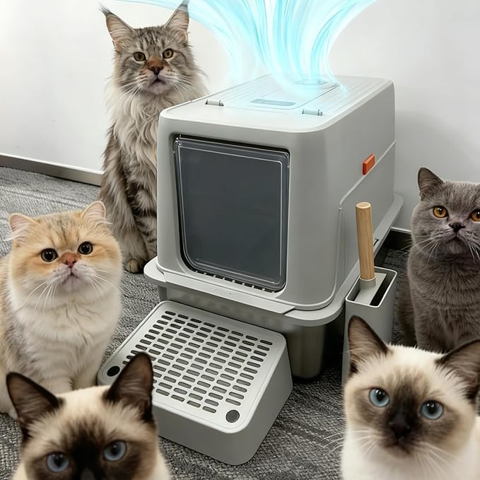 Stainless Steel Litter Box with Smart Odor Control System, XXL Extra Large Enclosed Metal Cat Litter Box with Lid for Kitty&Big Cats, High Sided Enclosure with Scoop & Stairway, Anti-Leakage-Grey