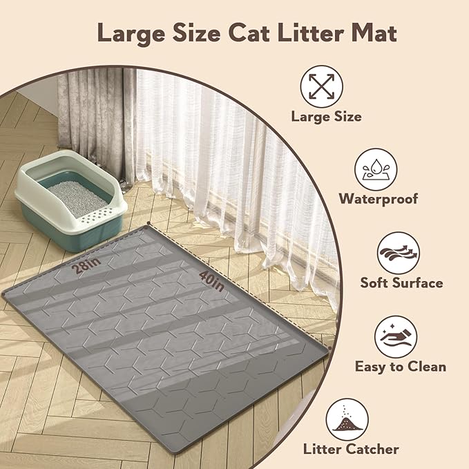 Cat Litter Mat, Large 40" X 28" Litter Catcher Rug, Waterproof Silicone Mat for Cats, Dark Gray