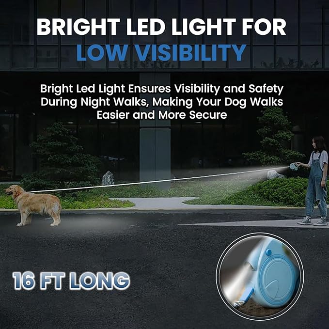 Retractable Dog Fancy Leash with Flashlight and Dispenser, 16 ft Dog Retractable Leash is Perfect for Safe and Comfortable Walking with Your Pet - Suitable for Dogs - Blue