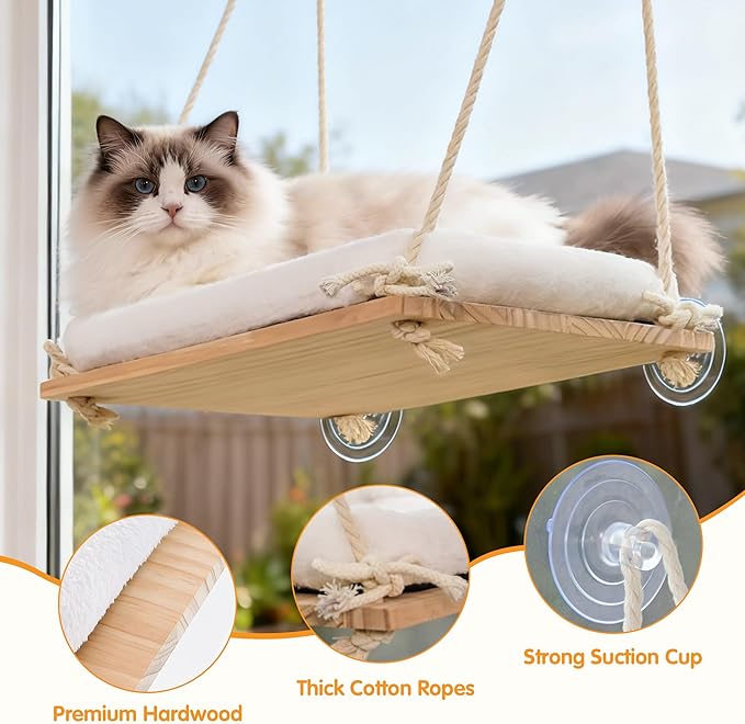 Cat Window Perch, Rustic Cat Hammock Bed with Solid Wood Seat 4 Heavy Duty Suction Cups, Plush Cushion, Indoor Pet Window Hammock for Cats for Large Cats